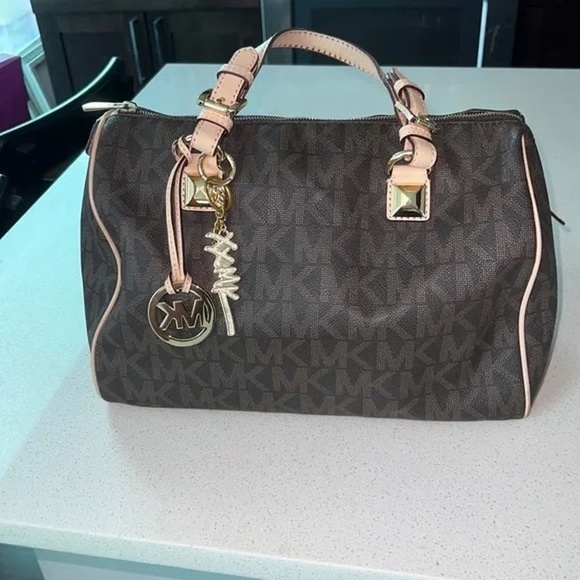 Michael Kors Women Grayson Boston Large Hand Bag Leather Canvas Brown/cr… - Picture 1 of 9